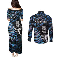 New Zealand Maori Rugby Personalised Couples Matching Puletasi and Long Sleeve Button Shirt Ta Moko Silver Fern - Paua Blue LT7 - Polynesian Pride