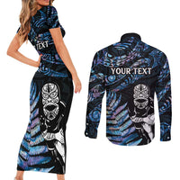 New Zealand Maori Rugby Personalised Couples Matching Short Sleeve Bodycon Dress and Long Sleeve Button Shirt Ta Moko Silver Fern - Paua Blue LT7 - Polynesian Pride