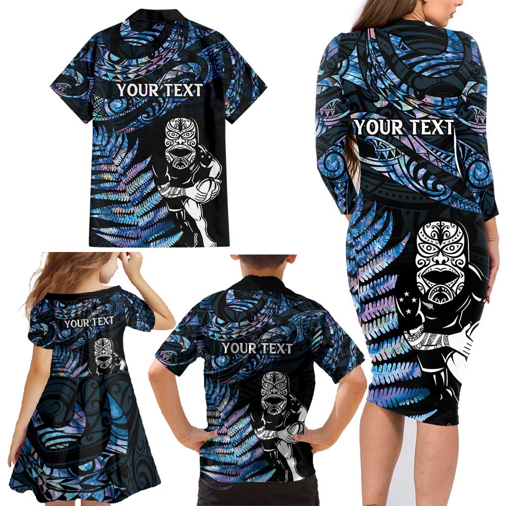 New Zealand Maori Rugby Personalised Family Matching Long Sleeve Bodycon Dress and Hawaiian Shirt Ta Moko Silver Fern - Paua Blue LT7 - Polynesian Pride