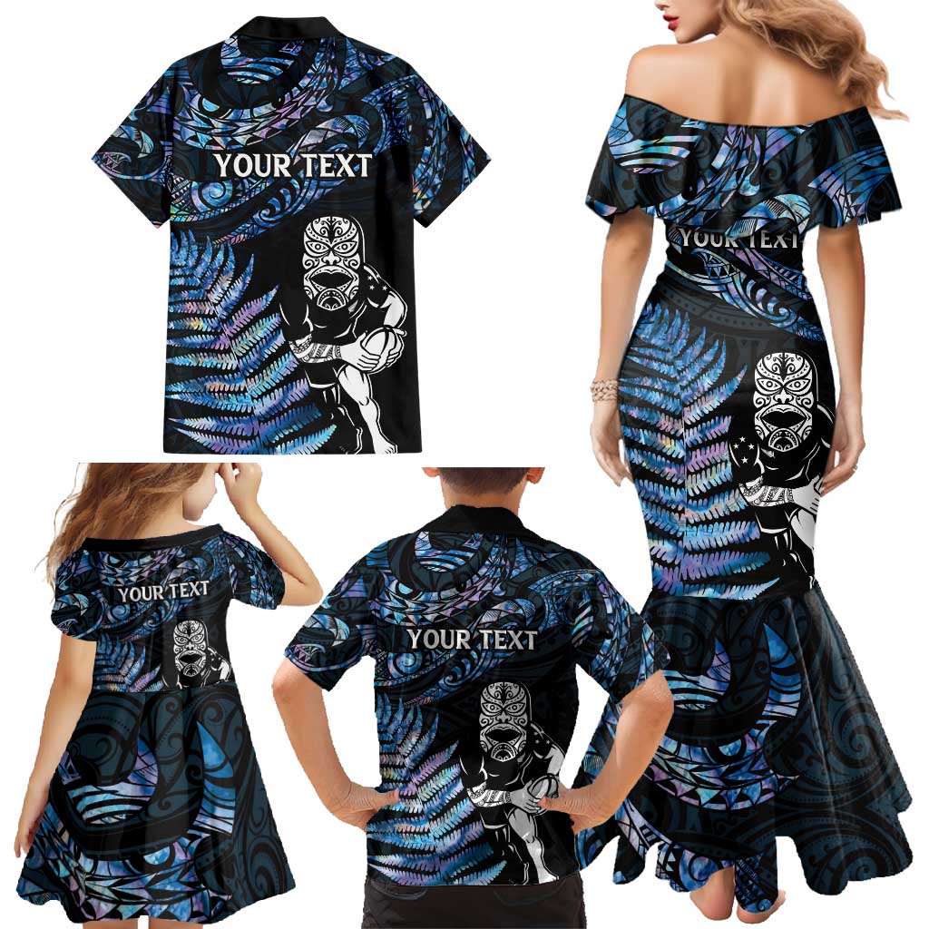 New Zealand Maori Rugby Personalised Family Matching Mermaid Dress and Hawaiian Shirt Ta Moko Silver Fern - Paua Blue LT7 - Polynesian Pride