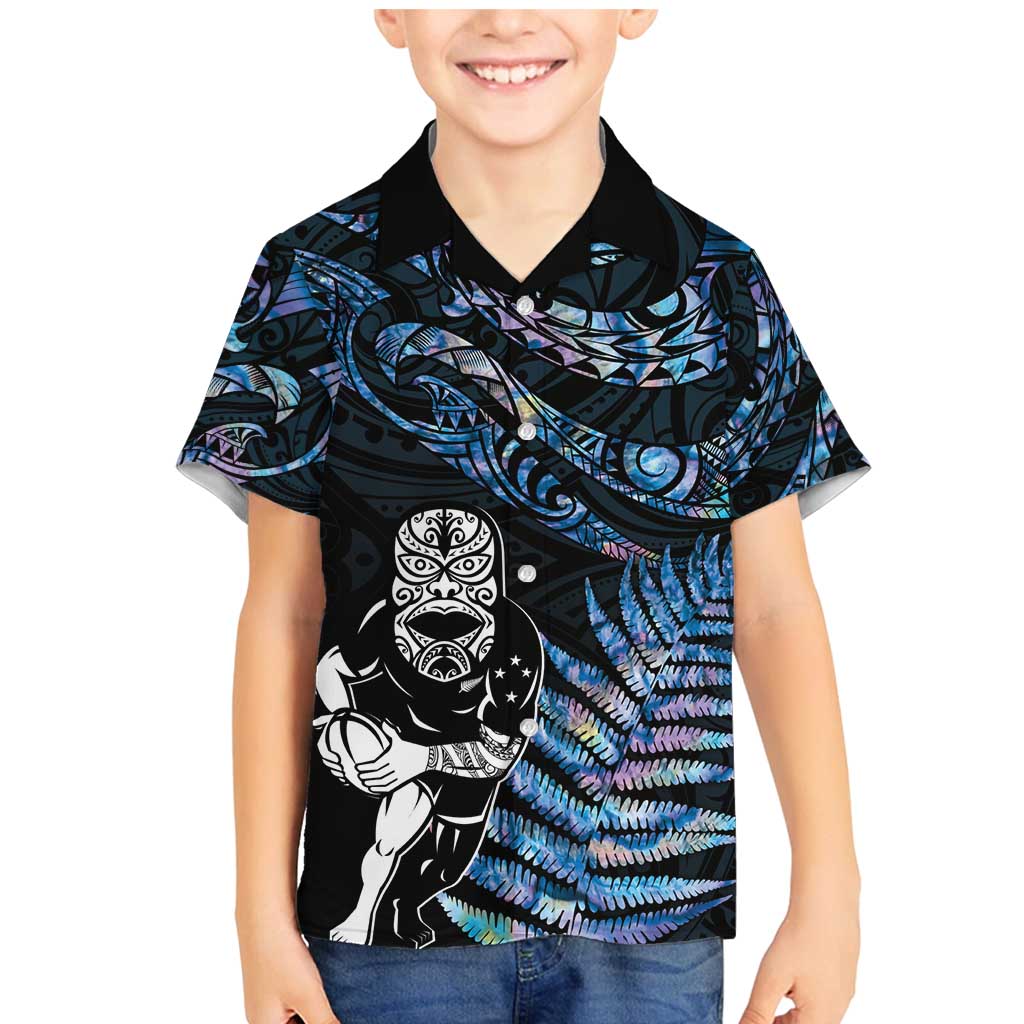 New Zealand Maori Rugby Personalised Family Matching Mermaid Dress and Hawaiian Shirt Ta Moko Silver Fern - Paua Blue LT7 Son's Shirt Blue - Polynesian Pride