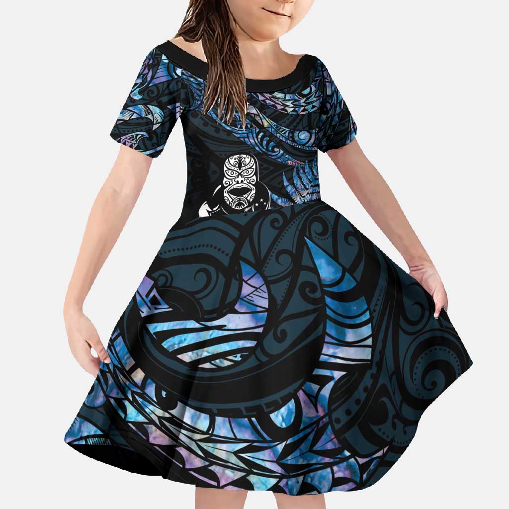 New Zealand Maori Rugby Personalised Family Matching Off Shoulder Maxi Dress and Hawaiian Shirt Ta Moko Silver Fern - Paua Blue LT7 Daughter's Dress Blue - Polynesian Pride