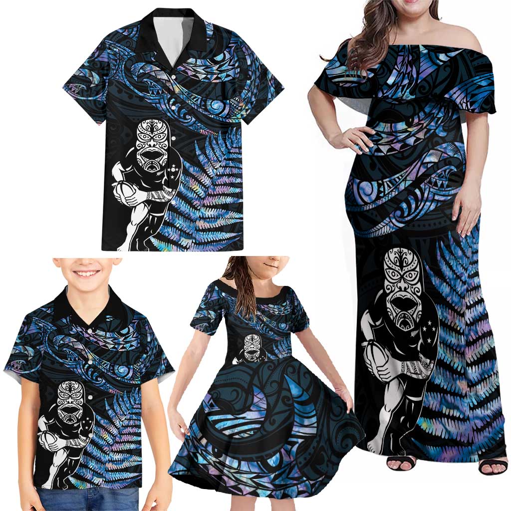 New Zealand Maori Rugby Personalised Family Matching Off Shoulder Maxi Dress and Hawaiian Shirt Ta Moko Silver Fern - Paua Blue LT7 - Polynesian Pride