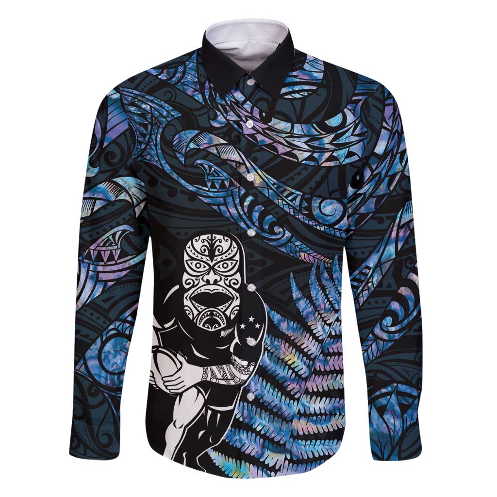 New Zealand Maori Rugby Personalised Family Matching Off Shoulder Maxi Dress and Hawaiian Shirt Ta Moko Silver Fern - Paua Blue LT7 Dad's Shirt - Long Sleeve Blue - Polynesian Pride