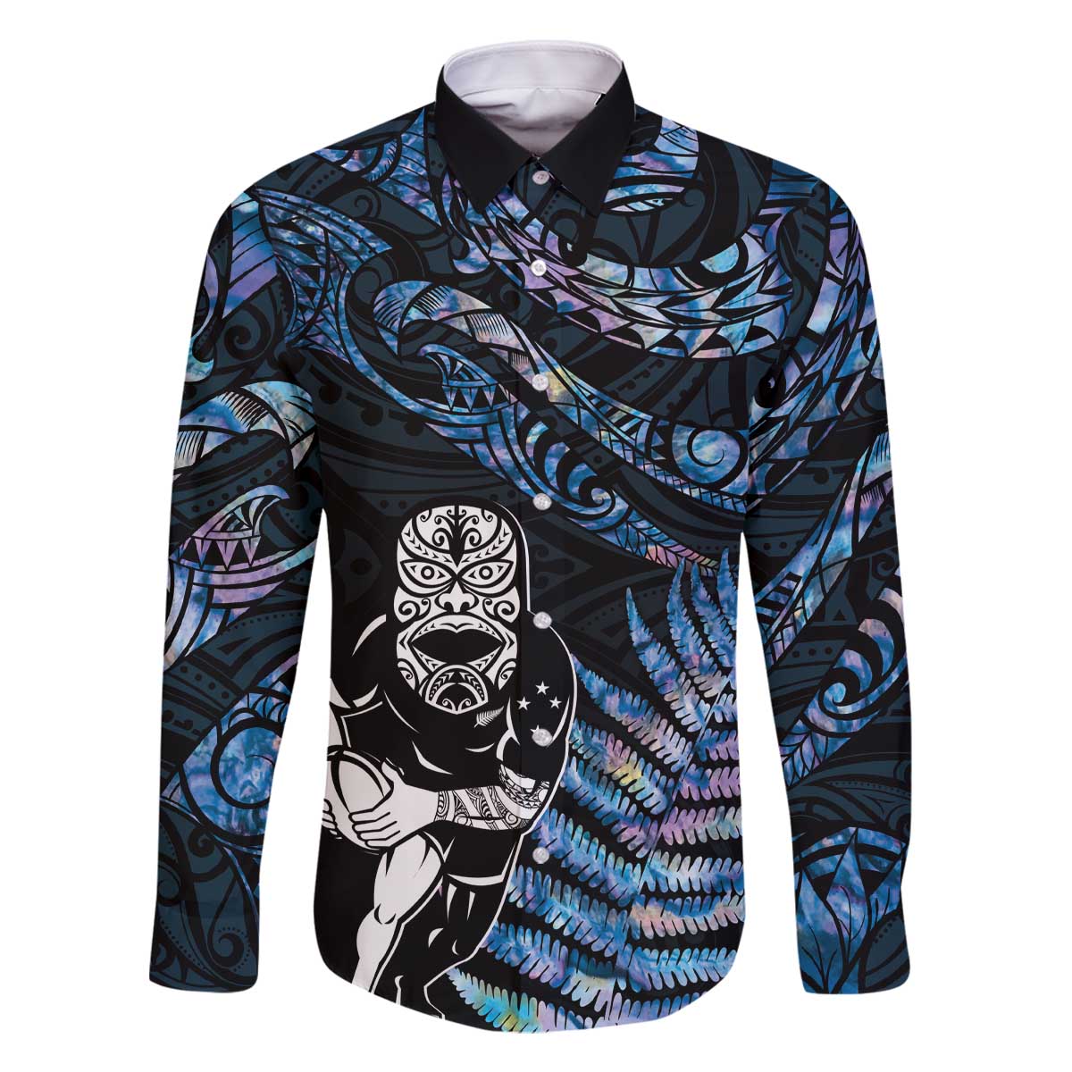 New Zealand Maori Rugby Personalised Family Matching Off Shoulder Short Dress and Hawaiian Shirt Ta Moko Silver Fern - Paua Blue LT7 Dad's Shirt - Long Sleeve Blue - Polynesian Pride