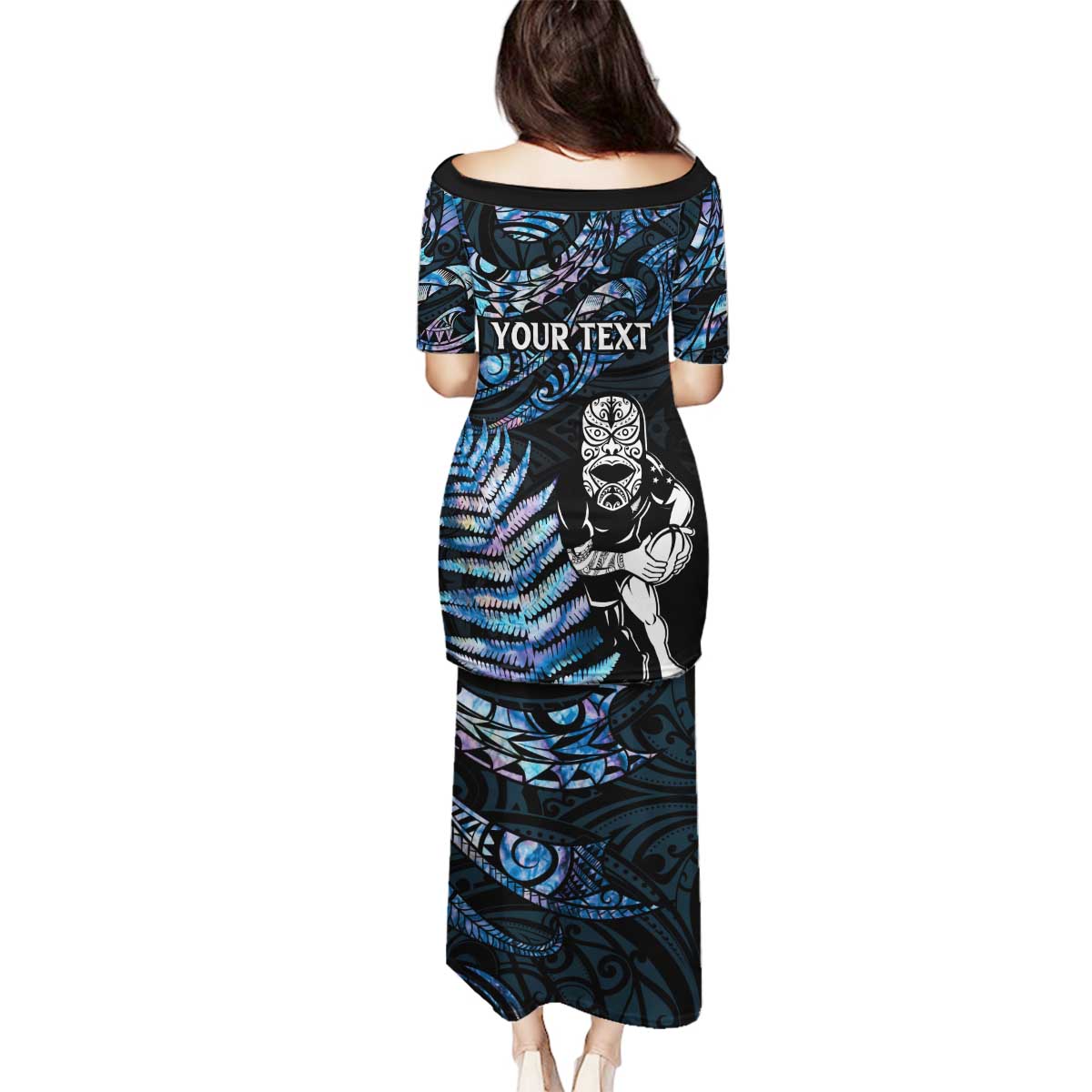 New Zealand Maori Rugby Personalised Family Matching Puletasi and Hawaiian Shirt Ta Moko Silver Fern - Paua Blue LT7 - Polynesian Pride