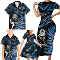 New Zealand Maori Rugby Personalised Family Matching Short Sleeve Bodycon Dress and Hawaiian Shirt Ta Moko Silver Fern - Paua Blue LT7 - Polynesian Pride