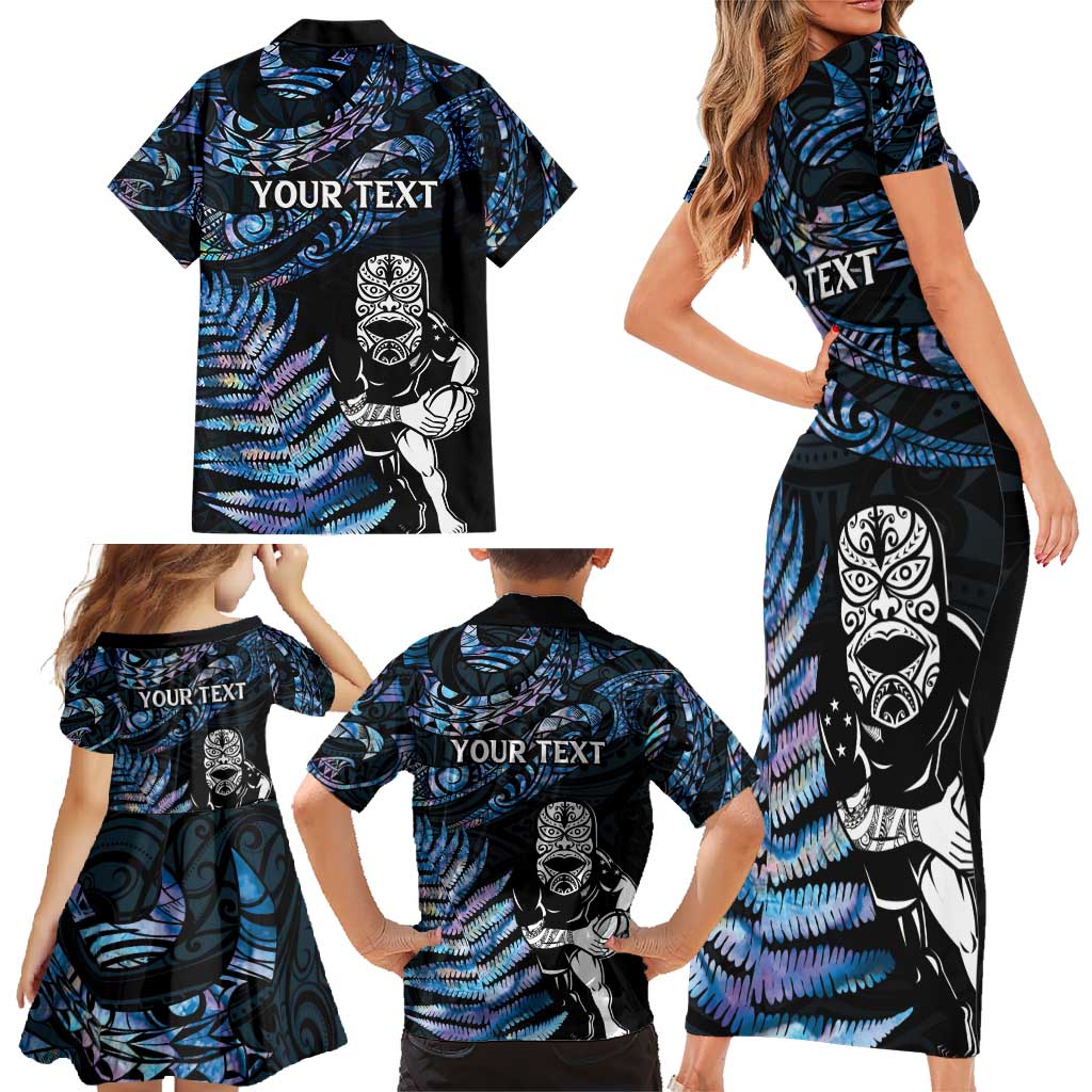 New Zealand Maori Rugby Personalised Family Matching Short Sleeve Bodycon Dress and Hawaiian Shirt Ta Moko Silver Fern - Paua Blue LT7 - Polynesian Pride
