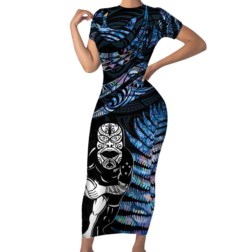 New Zealand Maori Rugby Personalised Family Matching Short Sleeve Bodycon Dress and Hawaiian Shirt Ta Moko Silver Fern - Paua Blue LT7 Mom's Dress Blue - Polynesian Pride