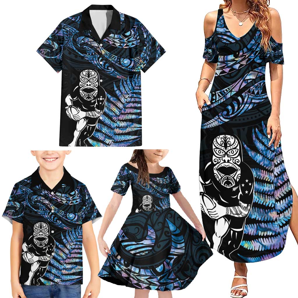 New Zealand Maori Rugby Personalised Family Matching Summer Maxi Dress and Hawaiian Shirt Ta Moko Silver Fern - Paua Blue LT7 - Polynesian Pride