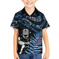 New Zealand Maori Rugby Personalised Family Matching Summer Maxi Dress and Hawaiian Shirt Ta Moko Silver Fern - Paua Blue LT7 Son's Shirt Blue - Polynesian Pride