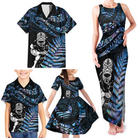 New Zealand Maori Rugby Personalised Family Matching Tank Maxi Dress and Hawaiian Shirt Ta Moko Silver Fern - Paua Blue LT7 - Polynesian Pride