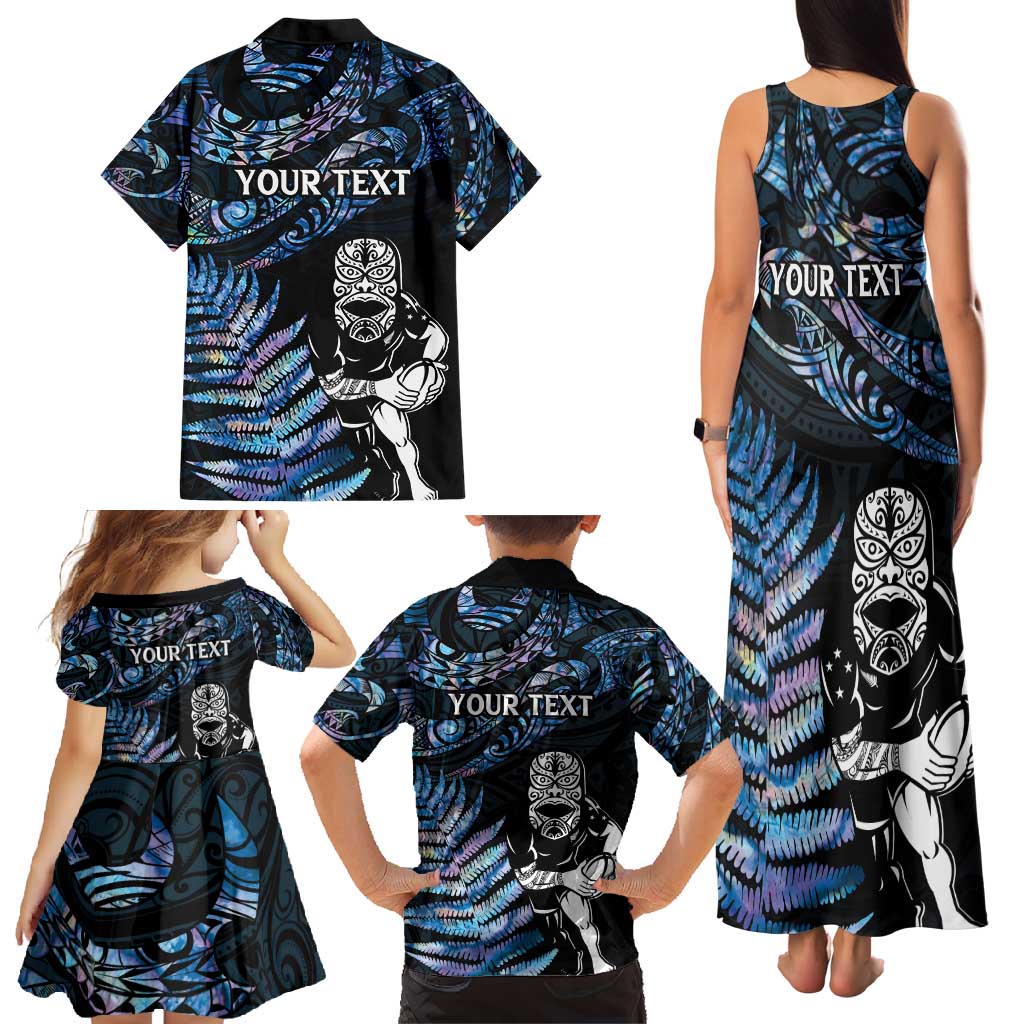New Zealand Maori Rugby Personalised Family Matching Tank Maxi Dress and Hawaiian Shirt Ta Moko Silver Fern - Paua Blue LT7 - Polynesian Pride