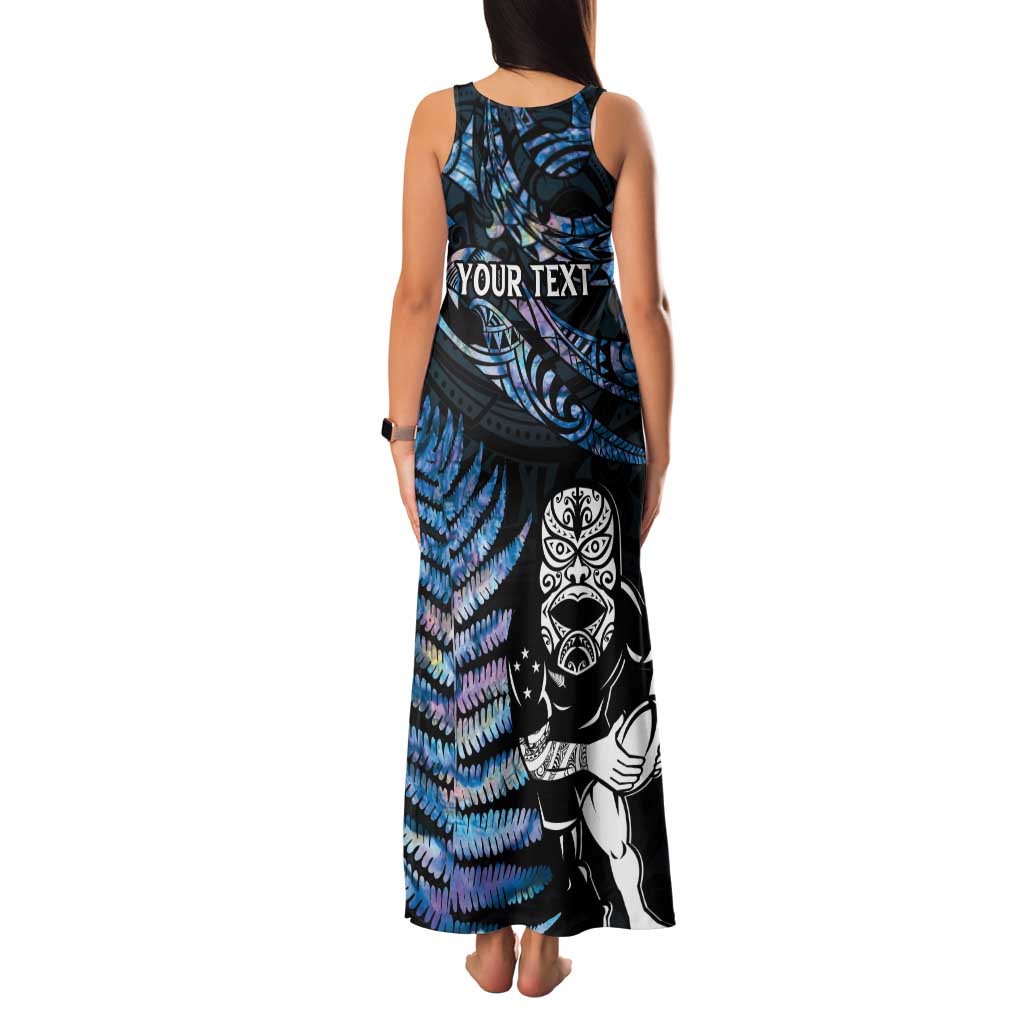 New Zealand Maori Rugby Personalised Family Matching Tank Maxi Dress and Hawaiian Shirt Ta Moko Silver Fern - Paua Blue LT7 - Polynesian Pride