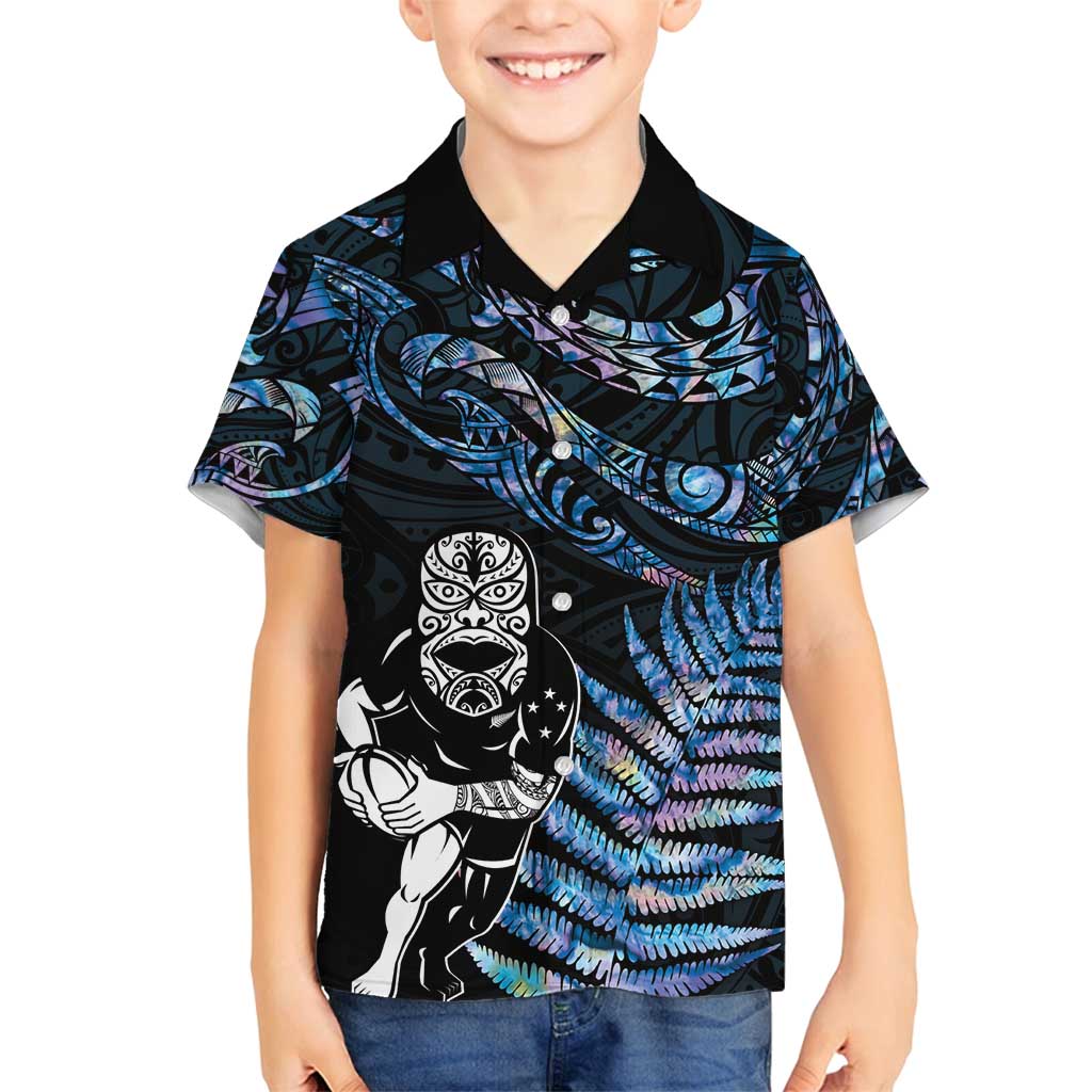 New Zealand Maori Rugby Personalised Family Matching Tank Maxi Dress and Hawaiian Shirt Ta Moko Silver Fern - Paua Blue LT7 Son's Shirt Blue - Polynesian Pride