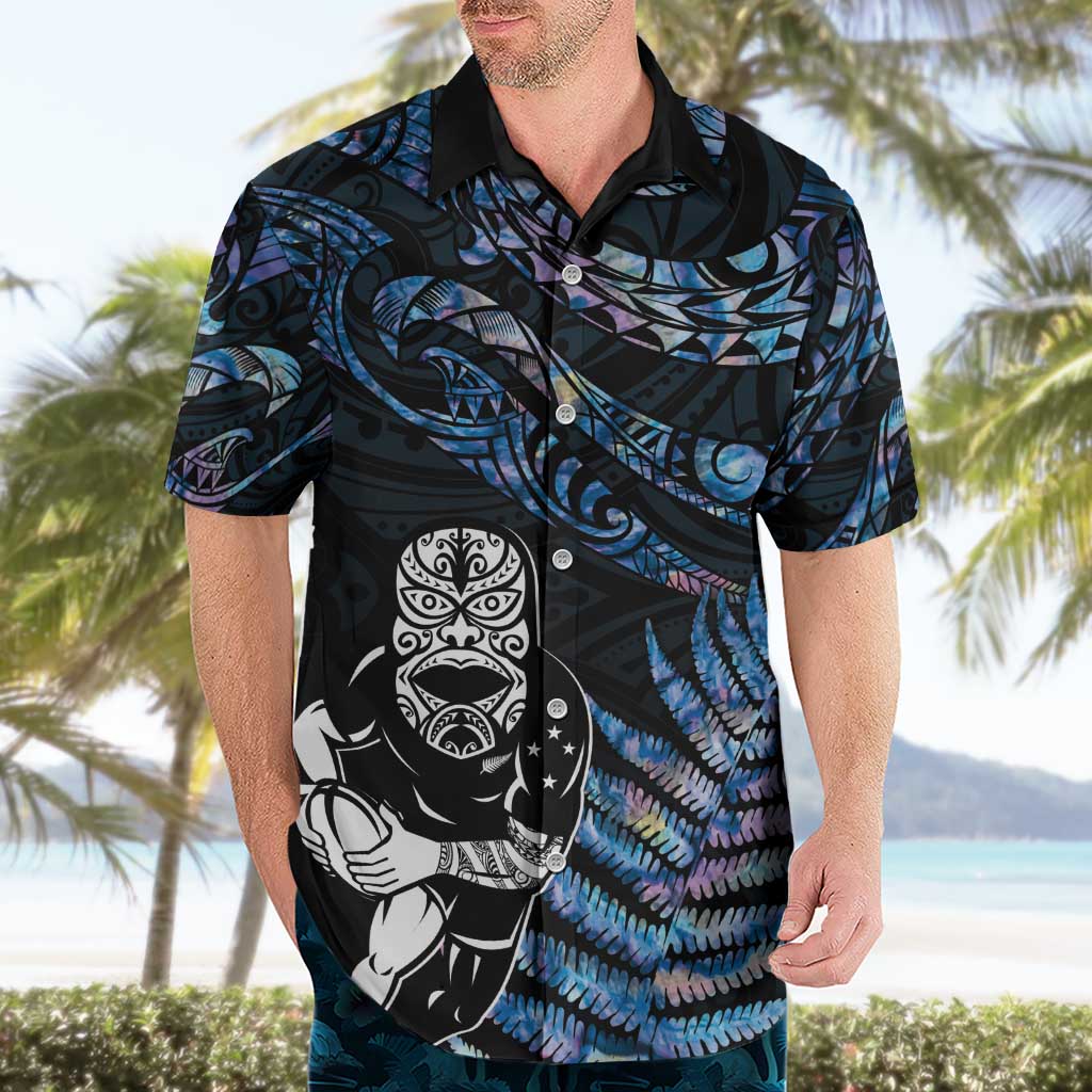 New Zealand Maori Rugby Personalised Hawaiian Shirt Ta Moko Silver Fern - Paua Blue LT7 - Polynesian Pride