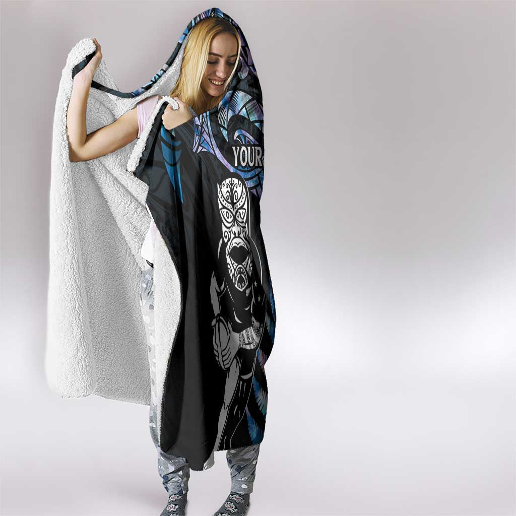 New Zealand Maori Rugby Personalised Hooded Blanket Ta Moko Silver Fern - Paua Blue LT7 - Polynesian Pride