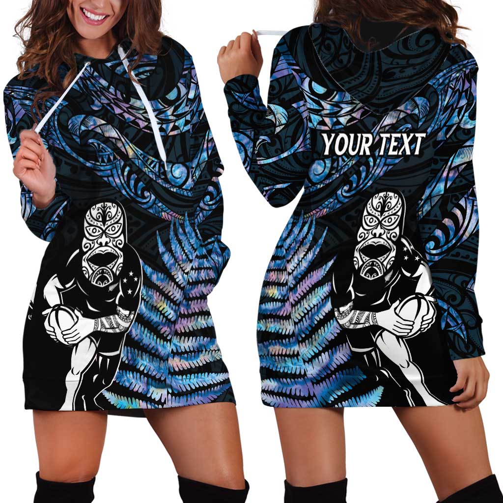 New Zealand Maori Rugby Personalised Hoodie Dress Ta Moko Silver Fern - Paua Blue LT7 - Polynesian Pride