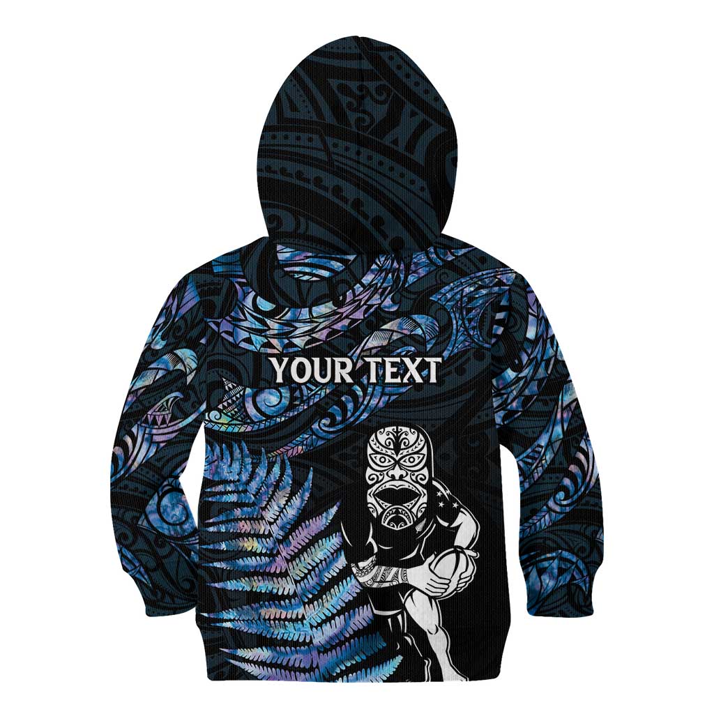 New Zealand Maori Rugby Personalised Kid Hoodie Ta Moko Silver Fern - Paua Blue LT7 - Polynesian Pride