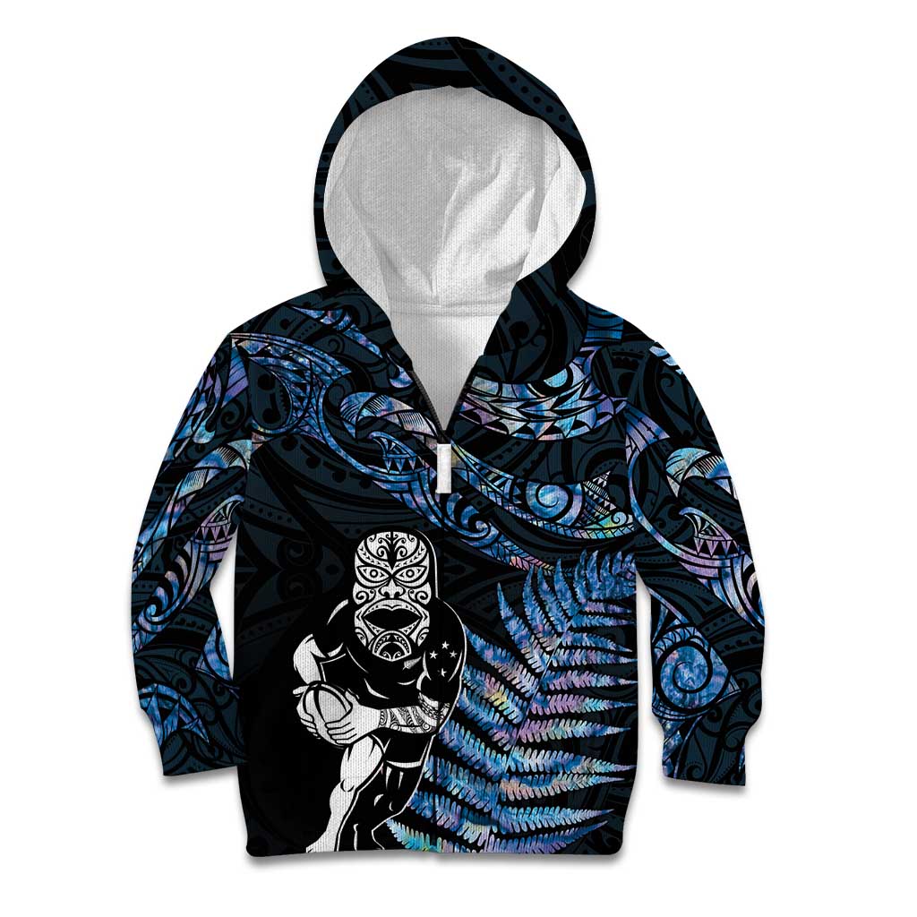 New Zealand Maori Rugby Personalised Kid Hoodie Ta Moko Silver Fern - Paua Blue LT7 Zip Hoodie Blue - Polynesian Pride