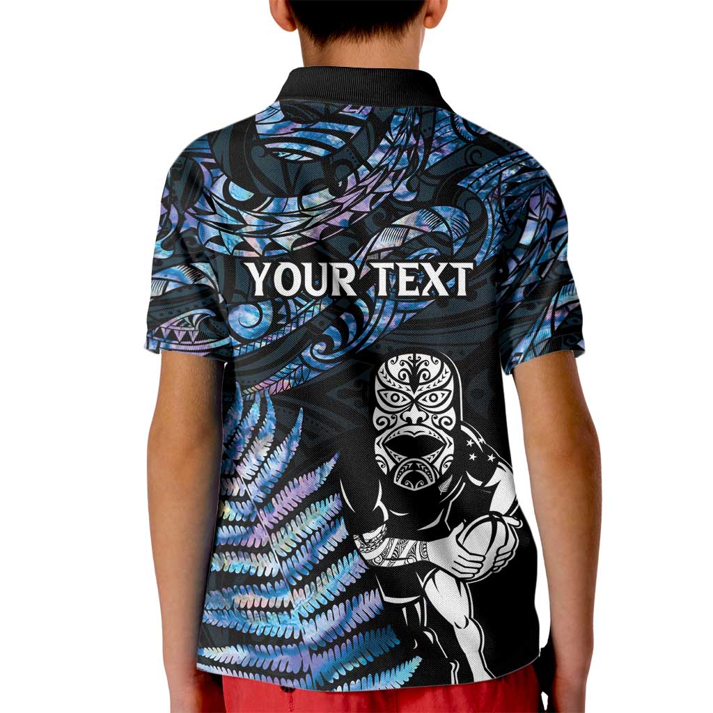 New Zealand Maori Rugby Personalised Kid Polo Shirt Ta Moko Silver Fern - Paua Blue LT7 - Polynesian Pride