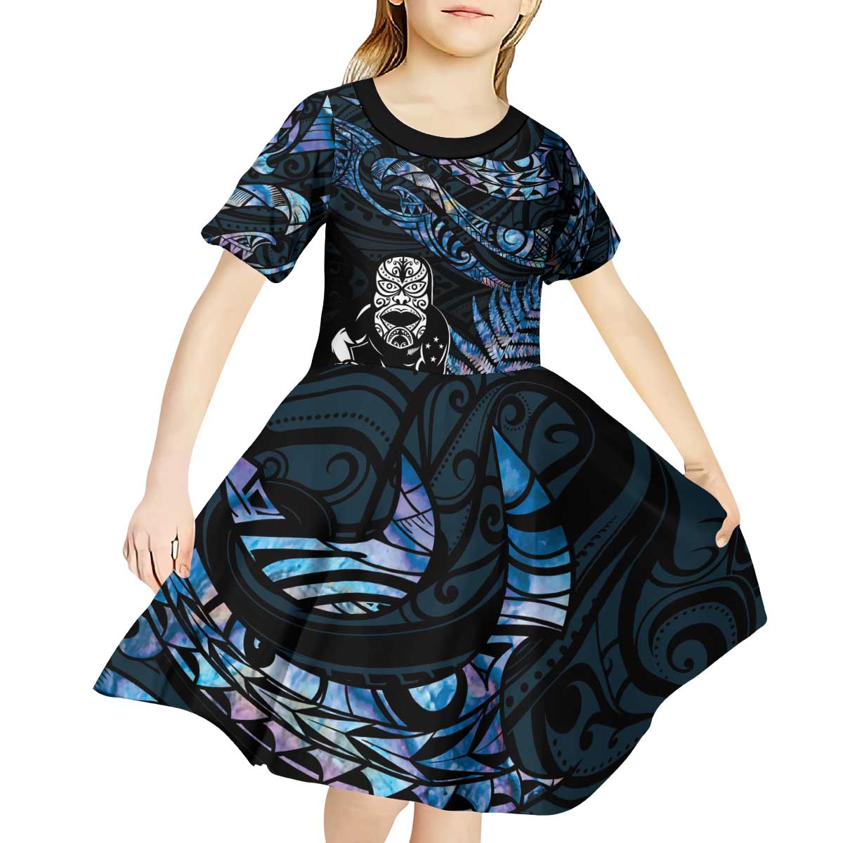 New Zealand Maori Rugby Personalised Kid Short Sleeve Dress Ta Moko Silver Fern - Paua Blue LT7 - Polynesian Pride