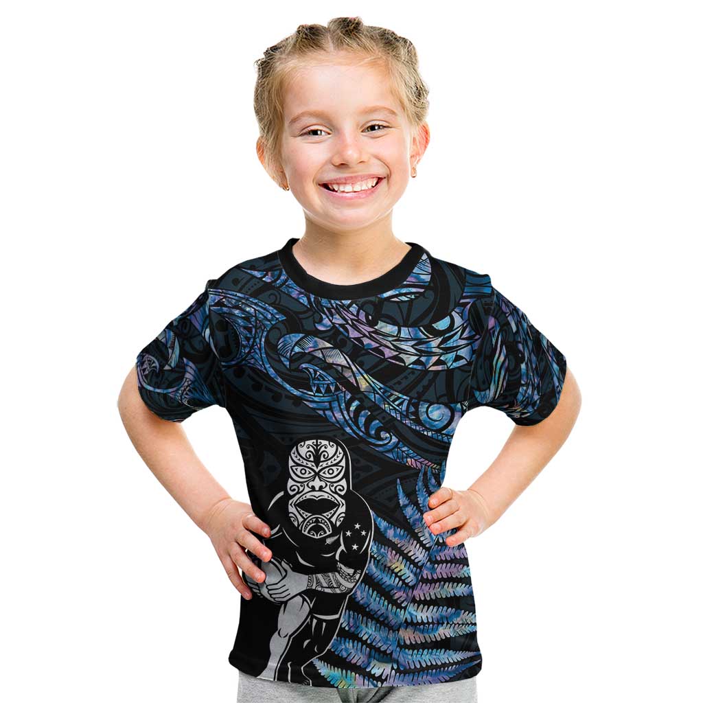 New Zealand Maori Rugby Personalised Kid T Shirt Ta Moko Silver Fern - Paua Blue LT7 Blue - Polynesian Pride