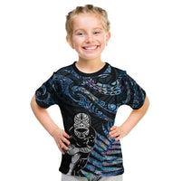 New Zealand Maori Rugby Personalised Kid T Shirt Ta Moko Silver Fern - Paua Blue LT7 Blue - Polynesian Pride