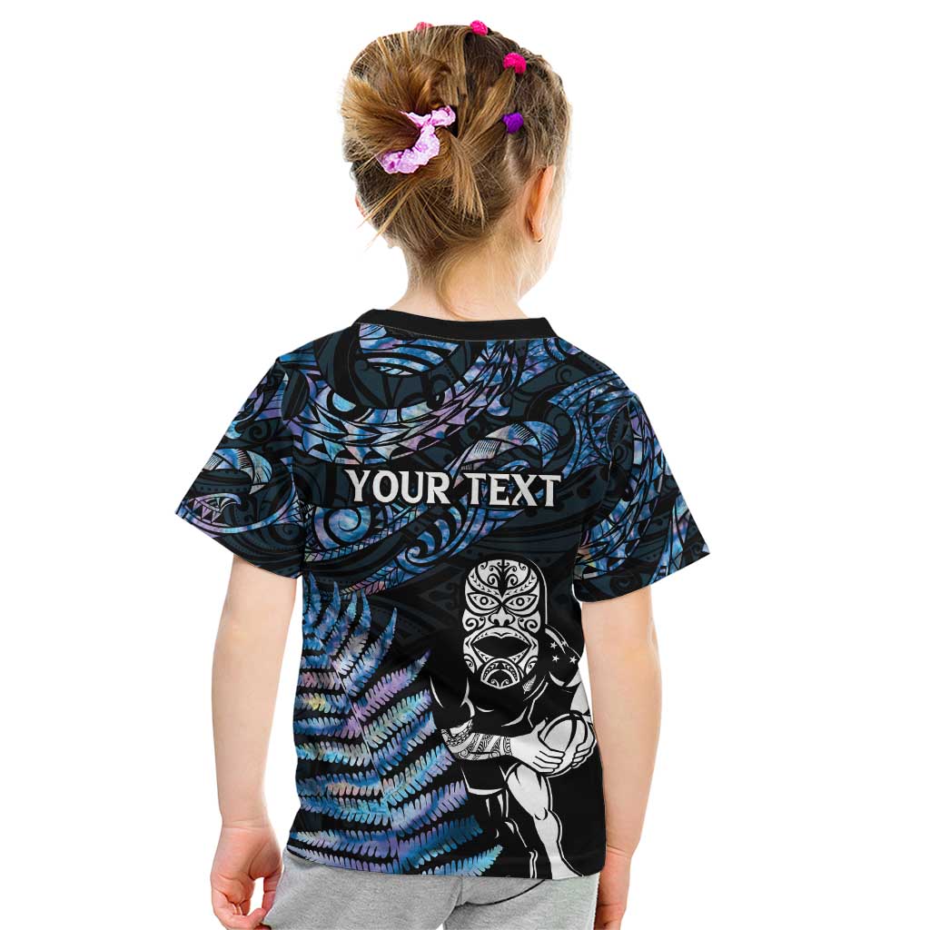 New Zealand Maori Rugby Personalised Kid T Shirt Ta Moko Silver Fern - Paua Blue LT7 - Polynesian Pride