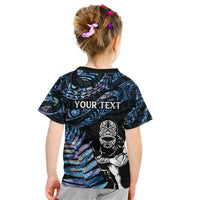 New Zealand Maori Rugby Personalised Kid T Shirt Ta Moko Silver Fern - Paua Blue LT7 - Polynesian Pride