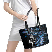 New Zealand Maori Rugby Personalised Leather Tote Bag Ta Moko Silver Fern - Paua Blue LT7 - Polynesian Pride