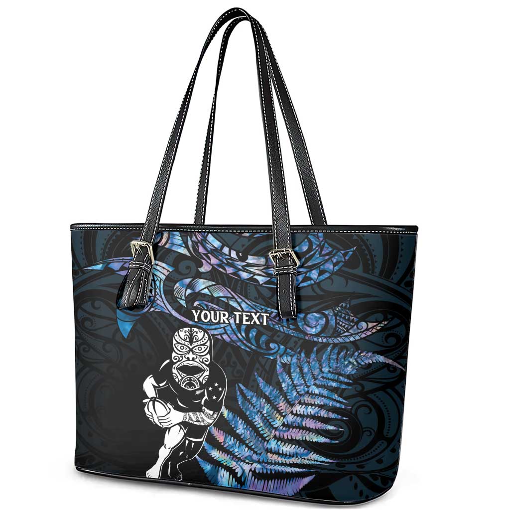 New Zealand Maori Rugby Personalised Leather Tote Bag Ta Moko Silver Fern - Paua Blue LT7 - Polynesian Pride