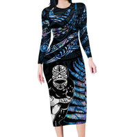New Zealand Maori Rugby Personalised Long Sleeve Bodycon Dress Ta Moko Silver Fern - Paua Blue LT7 Long Dress Blue - Polynesian Pride
