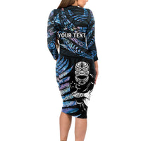 New Zealand Maori Rugby Personalised Long Sleeve Bodycon Dress Ta Moko Silver Fern - Paua Blue LT7 - Polynesian Pride
