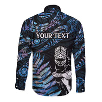 New Zealand Maori Rugby Personalised Long Sleeve Button Shirt Ta Moko Silver Fern - Paua Blue LT7 - Polynesian Pride