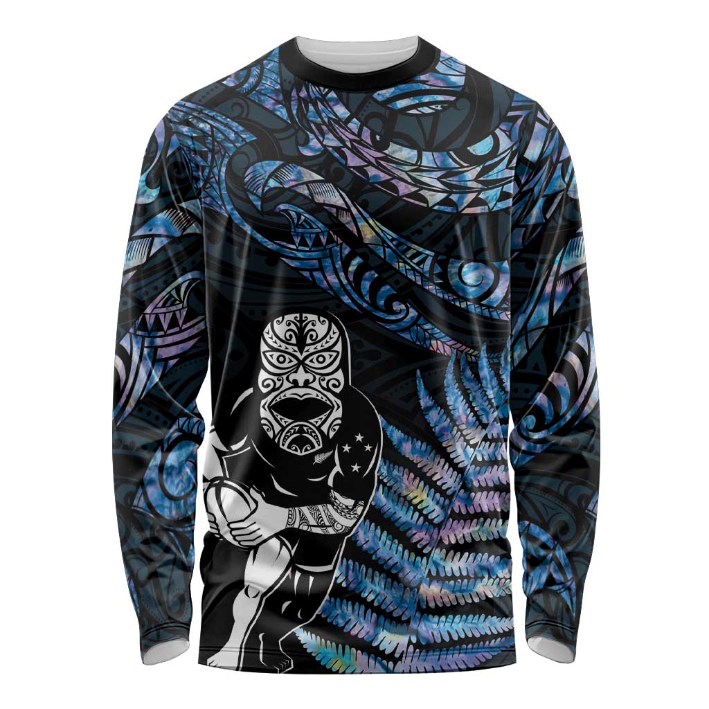 New Zealand Maori Rugby Personalised Long Sleeve Shirt Ta Moko Silver Fern - Paua Blue LT7 Unisex Blue - Polynesian Pride