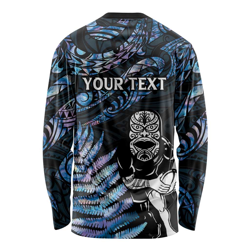 New Zealand Maori Rugby Personalised Long Sleeve Shirt Ta Moko Silver Fern - Paua Blue LT7 - Polynesian Pride