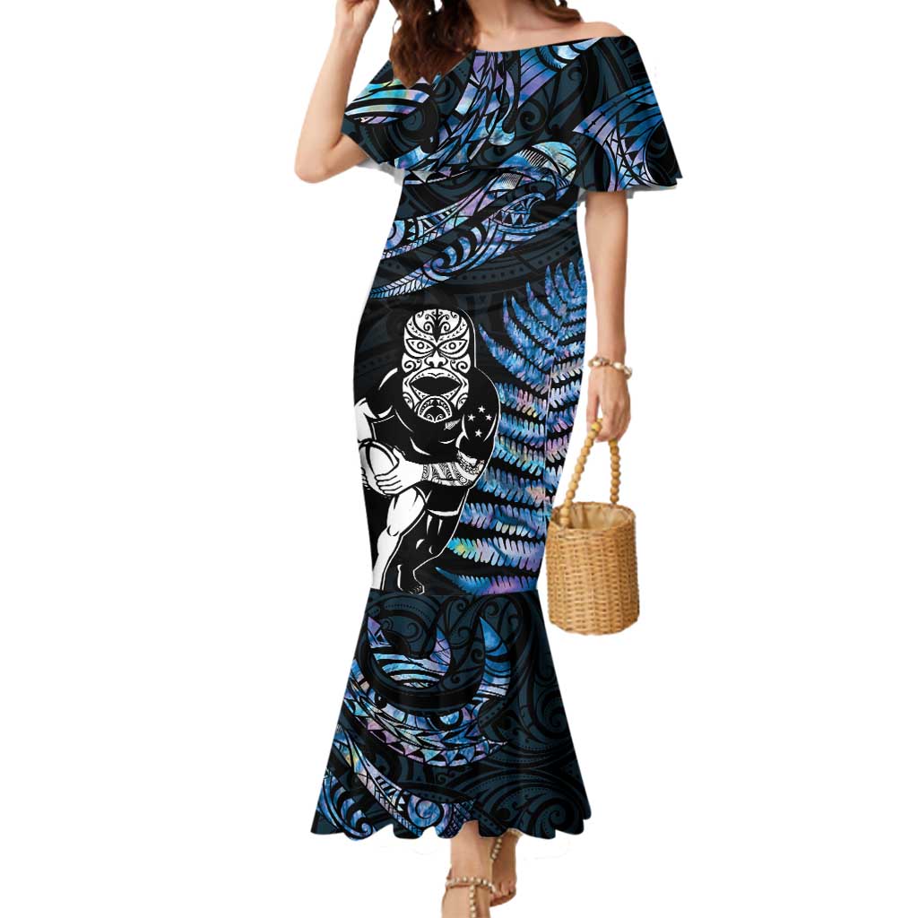 New Zealand Maori Rugby Personalised Mermaid Dress Ta Moko Silver Fern - Paua Blue LT7 Women Blue - Polynesian Pride