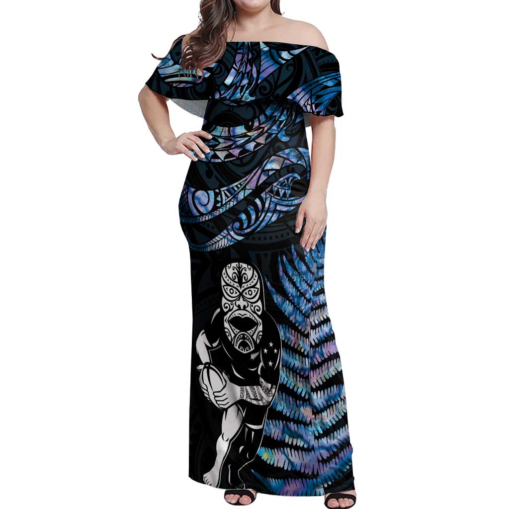 New Zealand Maori Rugby Personalised Off Shoulder Maxi Dress Ta Moko Silver Fern - Paua Blue LT7 Women Blue - Polynesian Pride