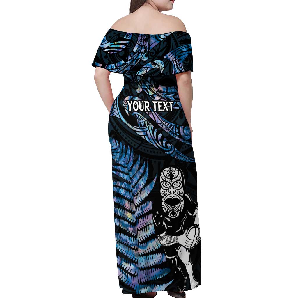 New Zealand Maori Rugby Personalised Off Shoulder Maxi Dress Ta Moko Silver Fern - Paua Blue LT7 - Polynesian Pride