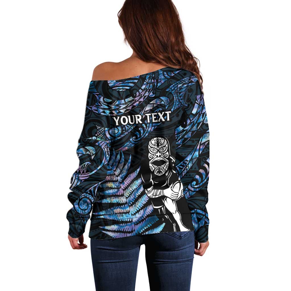 New Zealand Maori Rugby Personalised Off Shoulder Sweater Ta Moko Silver Fern - Paua Blue LT7 - Polynesian Pride
