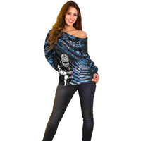 New Zealand Maori Rugby Personalised Off Shoulder Sweater Ta Moko Silver Fern - Paua Blue LT7 - Polynesian Pride