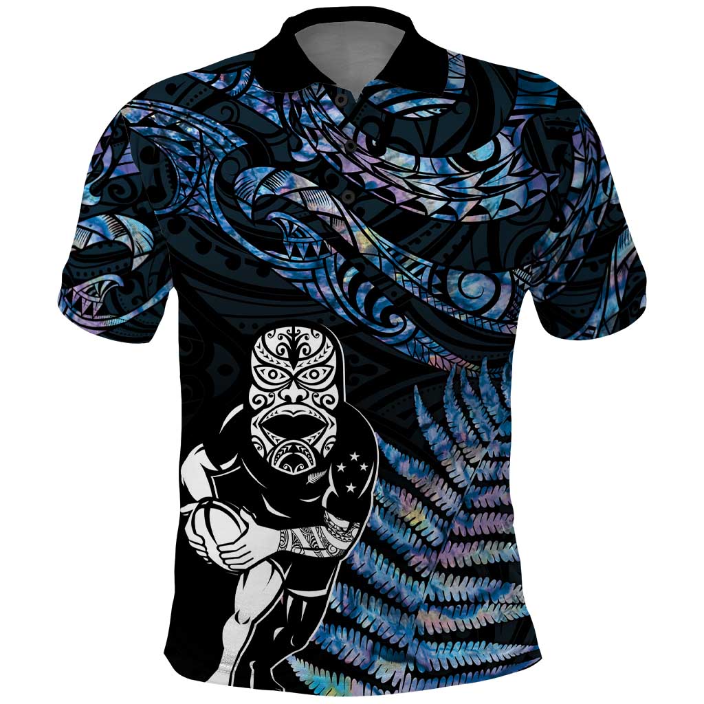 New Zealand Maori Rugby Personalised Polo Shirt Ta Moko Silver Fern - Paua Blue LT7 Blue - Polynesian Pride
