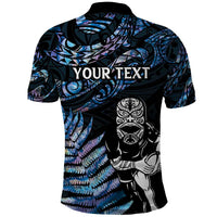 New Zealand Maori Rugby Personalised Polo Shirt Ta Moko Silver Fern - Paua Blue LT7 - Polynesian Pride