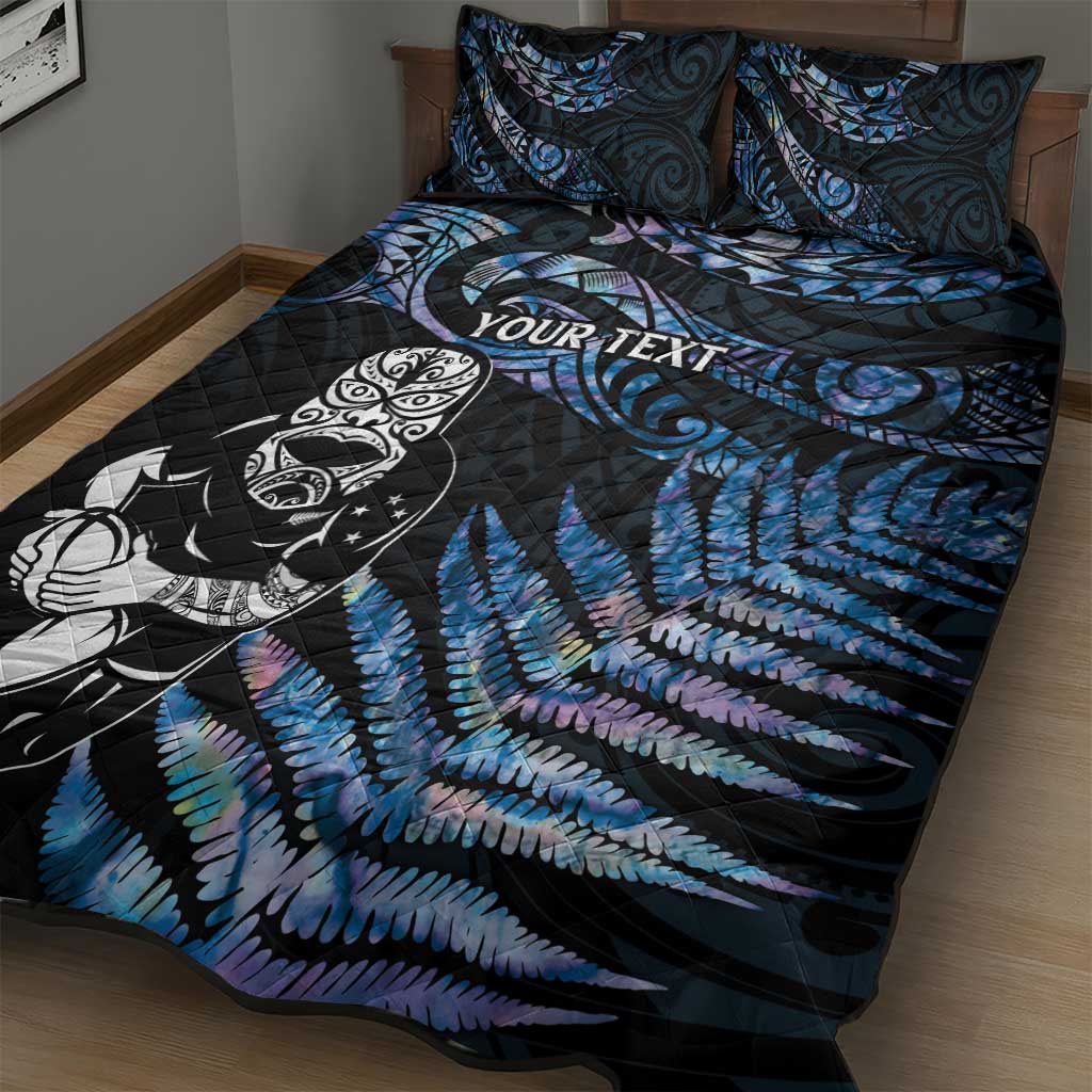 New Zealand Maori Rugby Personalised Quilt Bed Set Ta Moko Silver Fern - Paua Blue LT7 - Polynesian Pride