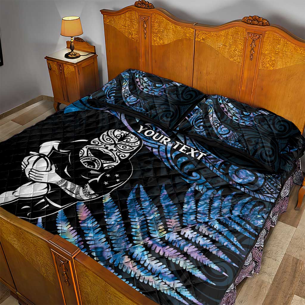 New Zealand Maori Rugby Personalised Quilt Bed Set Ta Moko Silver Fern - Paua Blue LT7 - Polynesian Pride