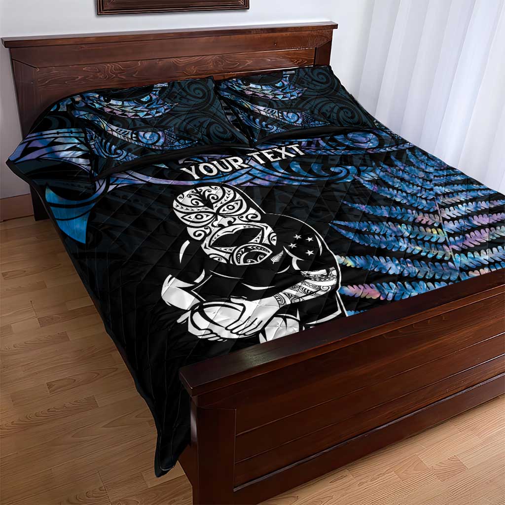 New Zealand Maori Rugby Personalised Quilt Bed Set Ta Moko Silver Fern - Paua Blue LT7 - Polynesian Pride