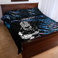 New Zealand Maori Rugby Personalised Quilt Bed Set Ta Moko Silver Fern - Paua Blue LT7 - Polynesian Pride