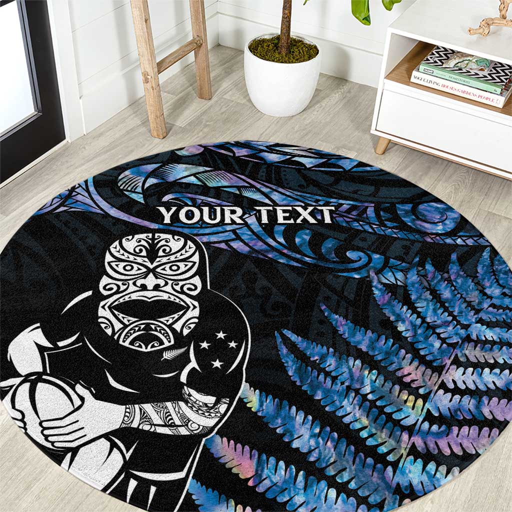 New Zealand Maori Rugby Personalised Round Carpet Ta Moko Silver Fern - Paua Blue LT7 Blue - Polynesian Pride
