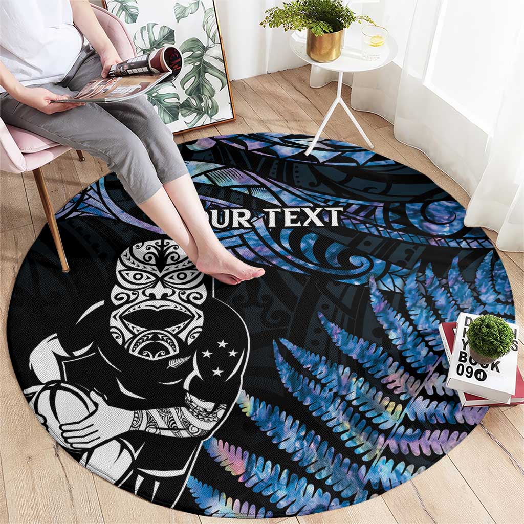 New Zealand Maori Rugby Personalised Round Carpet Ta Moko Silver Fern - Paua Blue LT7 - Polynesian Pride